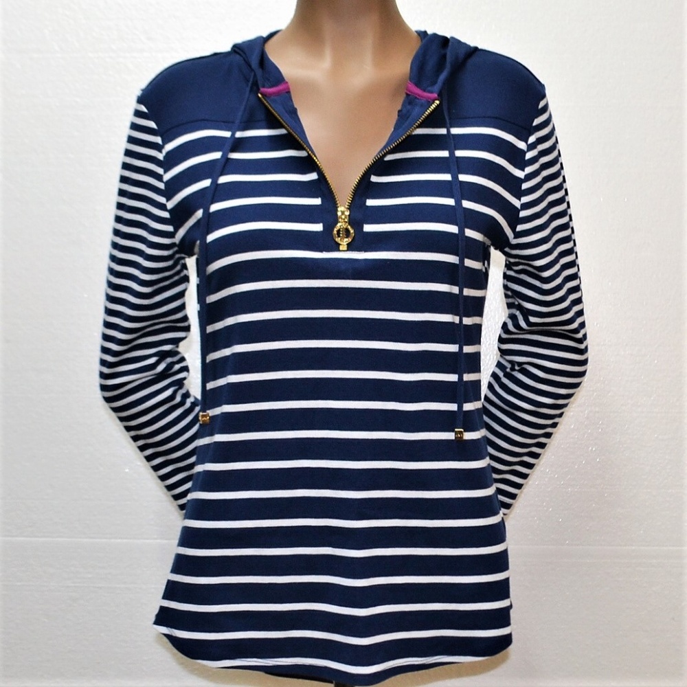 Jones New York Striped 3/4 Sleeve Hoodie Sz Small